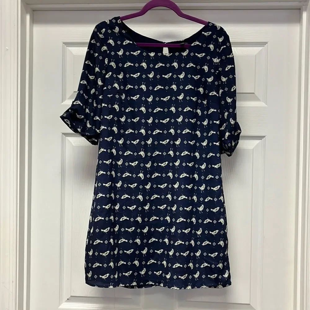 Lily Rose Navy Bird Motif Sheath Dress sz M EUC